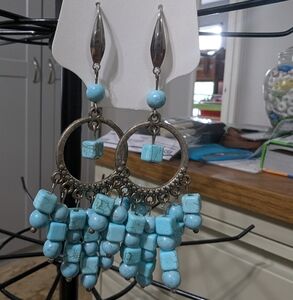 Turquoise and Silver Chandelier Earrings with Turquoise Beads